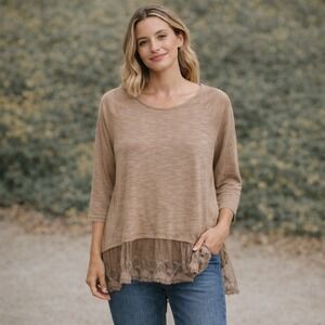 umgee USA Beige Lace Trim Tunic Top 3/4 Sleeve‎ Women's Boho Cottagecore Small